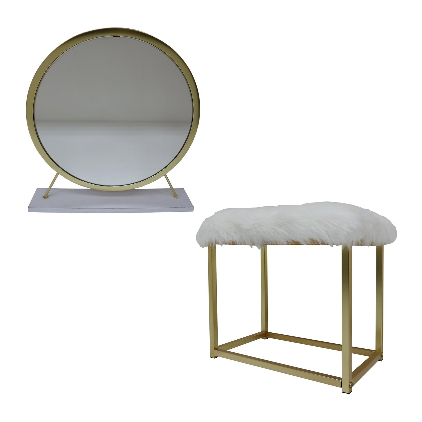 ACME Adao Vanity Mirror & Stool, Faux Fur, Mirror, White & Brass Finish FredCo