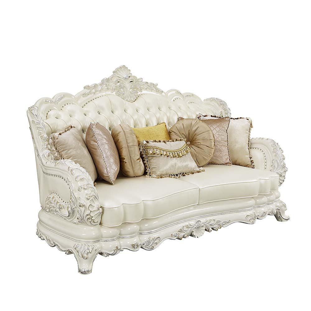 ACME Adara Sofa w/7 Pillows, White PU & Antique White Finish FredCo