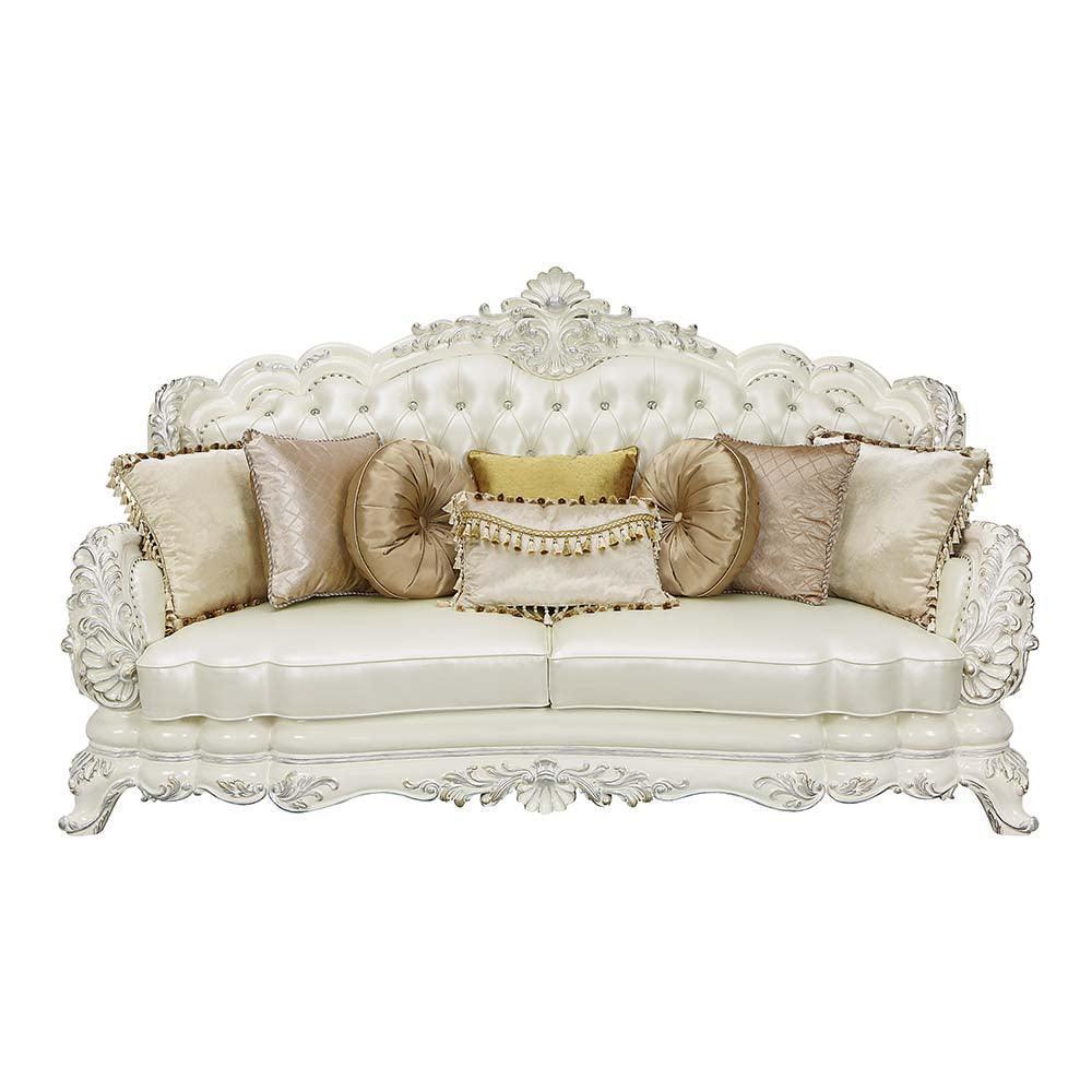 ACME Adara Sofa w/7 Pillows, White PU & Antique White Finish FredCo