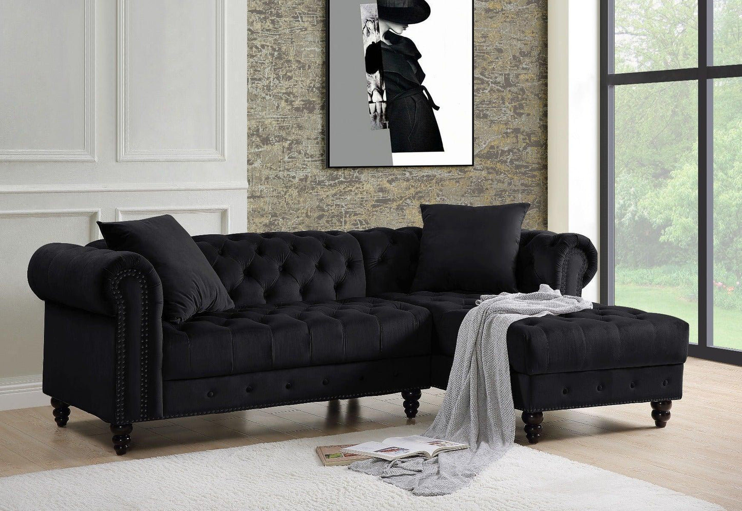 ACME Adnelis Sectional Sofa w/2 Pillows, Black Velvet FredCo