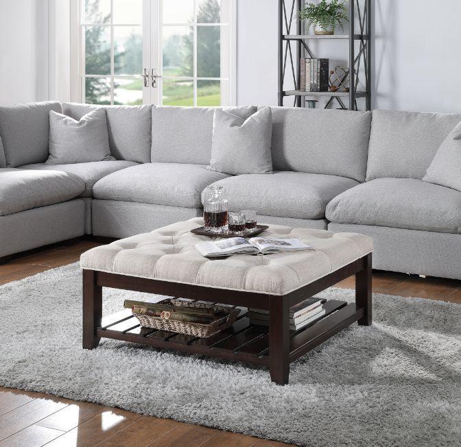 ACME Aizen Cocktail Ottoman, Beige Fabric & Espresso Finish FredCo