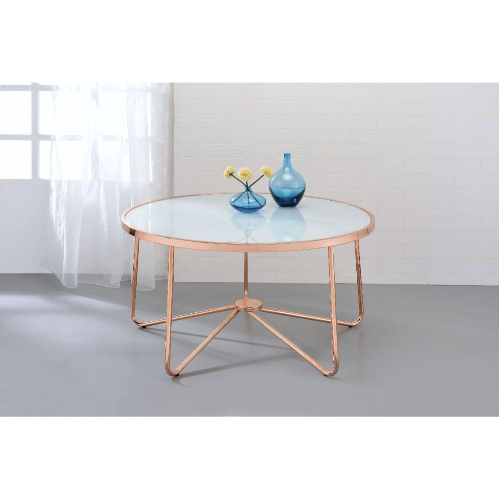 ACME Alivia Coffee Table, Rose Gold & Frosted Glass FredCo