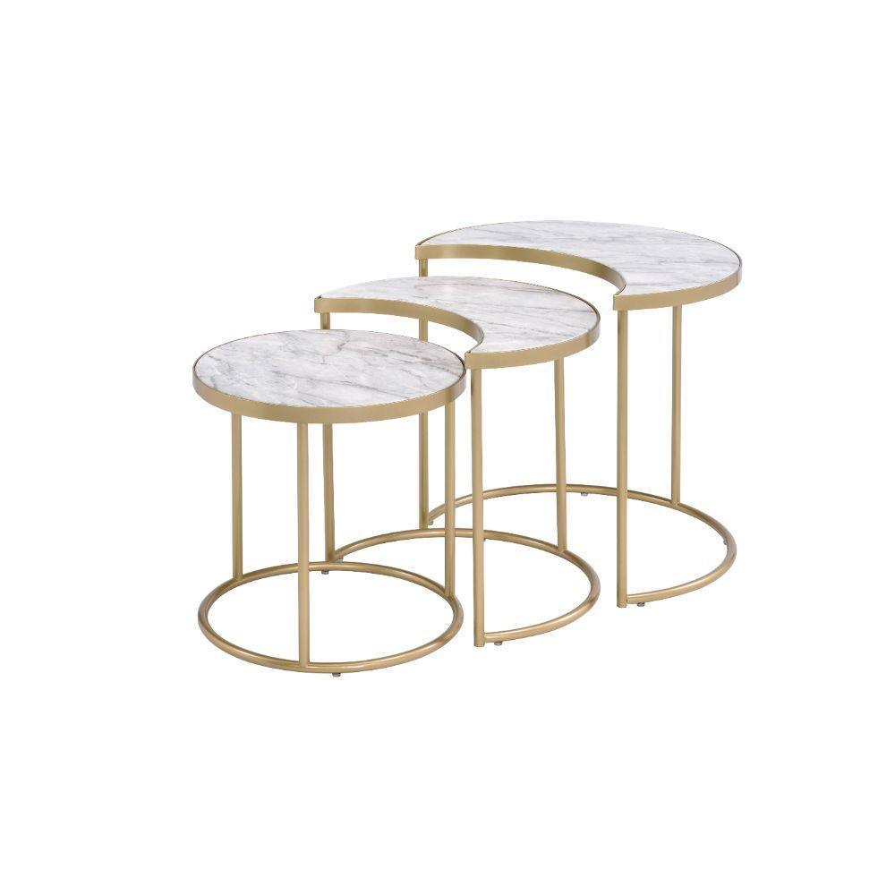 ACME Anpay 3Pc Pack Nesting Tables, Faux Marble & Gold FredCo