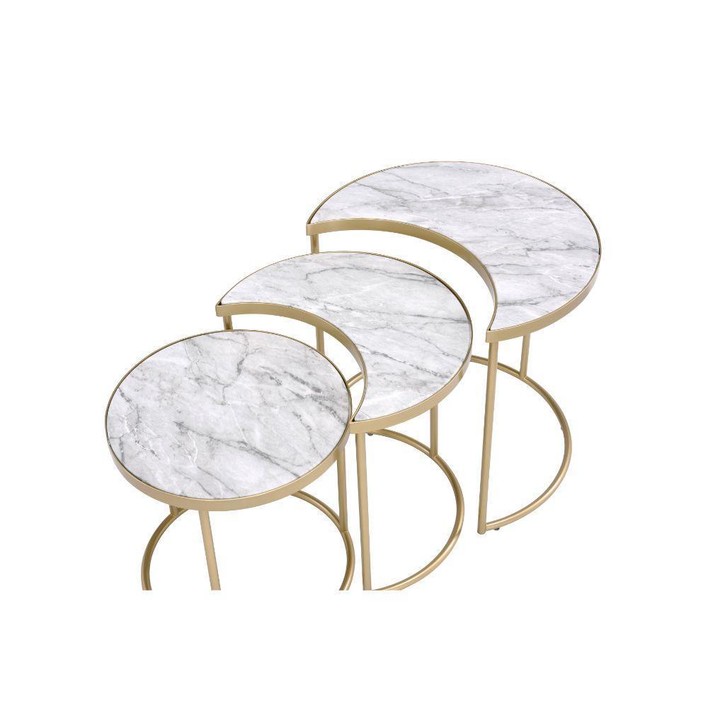 ACME Anpay 3Pc Pack Nesting Tables, Faux Marble & Gold FredCo