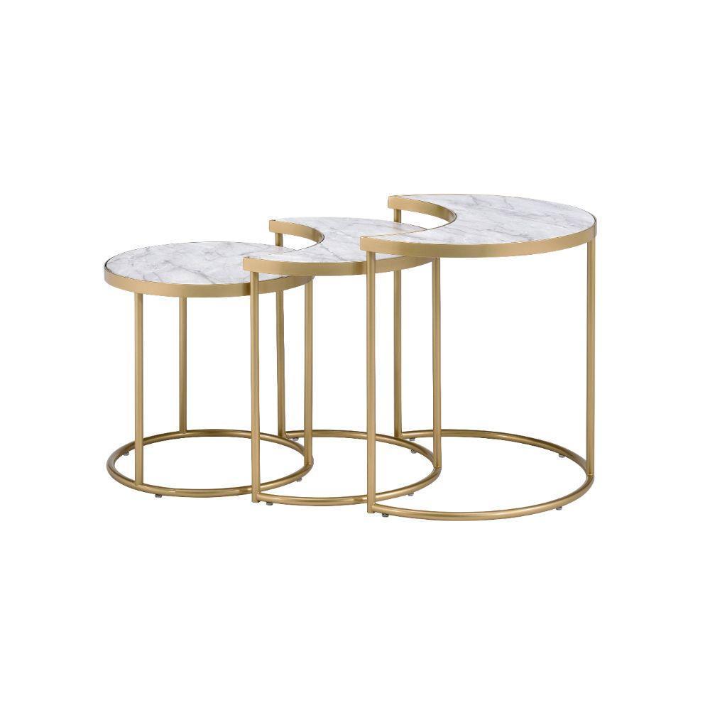 ACME Anpay 3Pc Pack Nesting Tables, Faux Marble & Gold FredCo