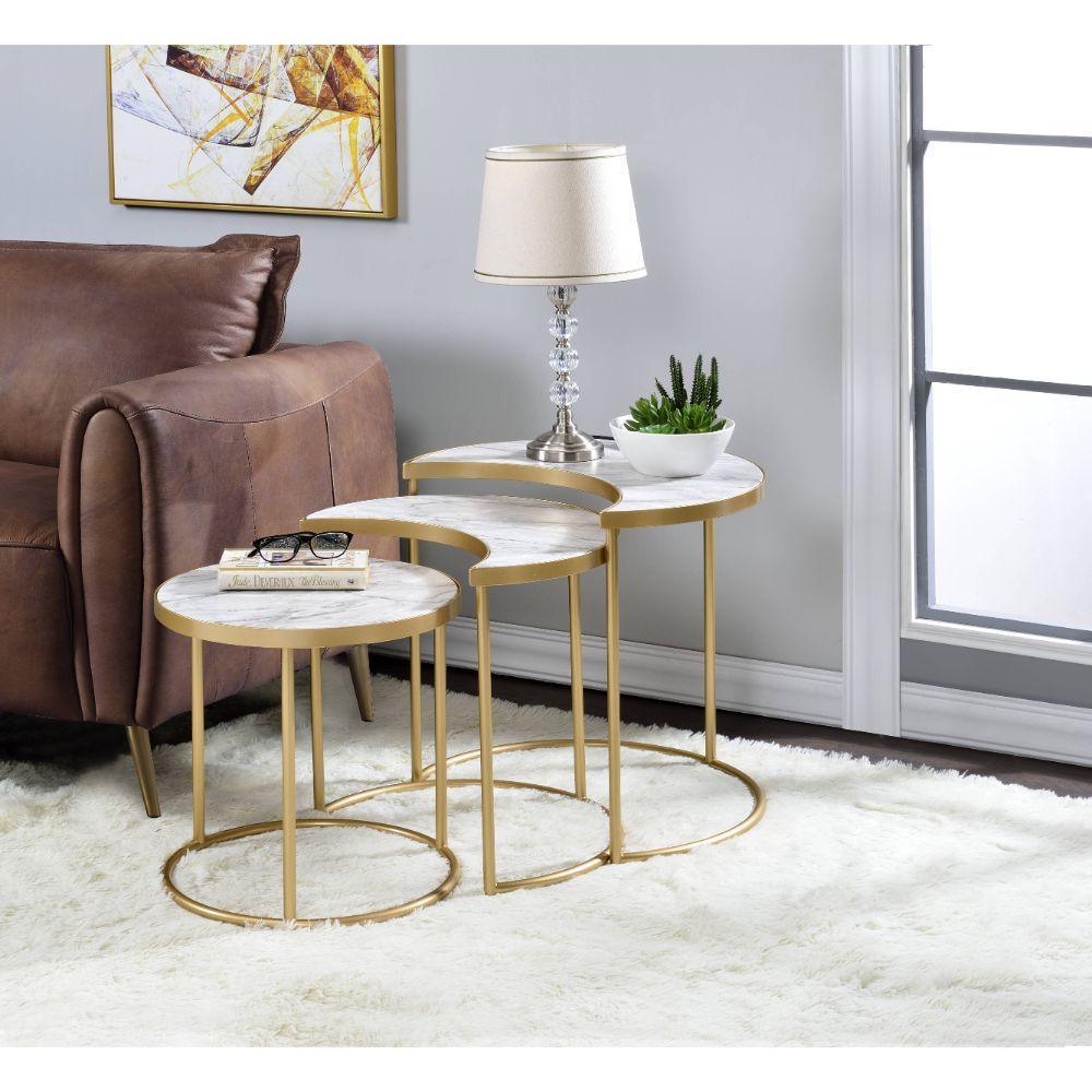 ACME Anpay 3Pc Pack Nesting Tables, Faux Marble & Gold FredCo