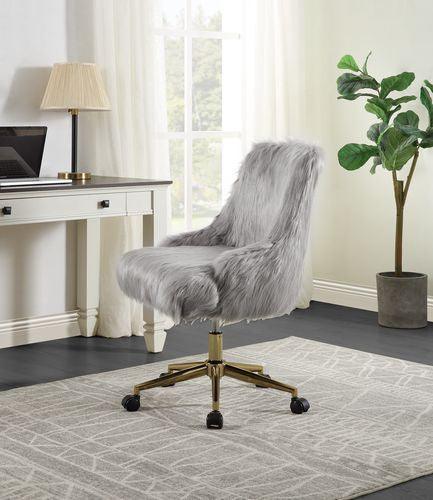 ACME Arundell II Office Chair, Gray Faux Fur & Gold Finish FredCo