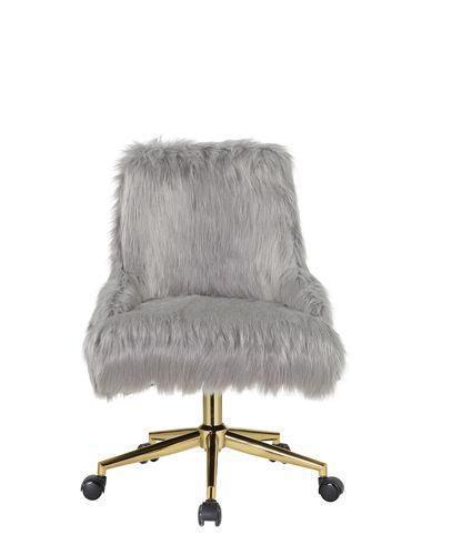ACME Arundell II Office Chair, Gray Faux Fur & Gold Finish FredCo