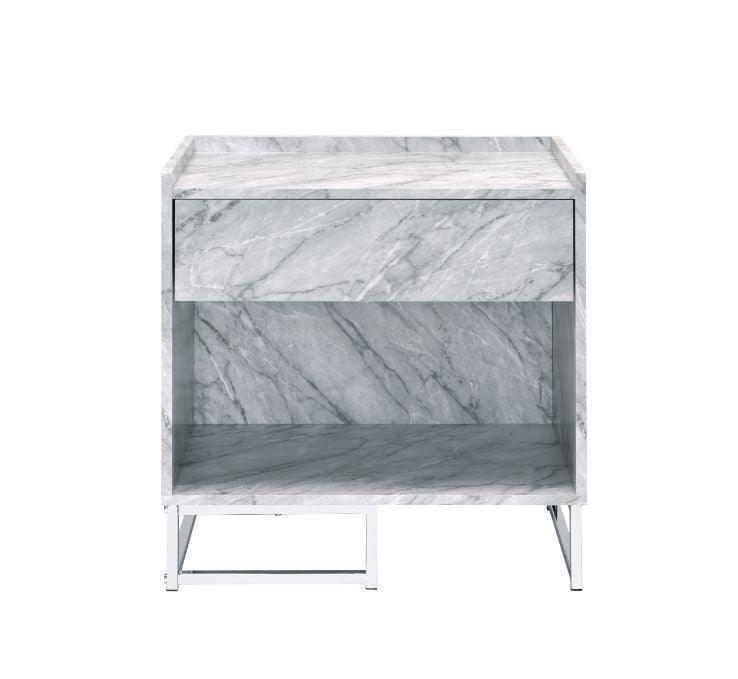 ACME Azrael Accent Table, White Printed Faux Marble & Chrome Finish FredCo