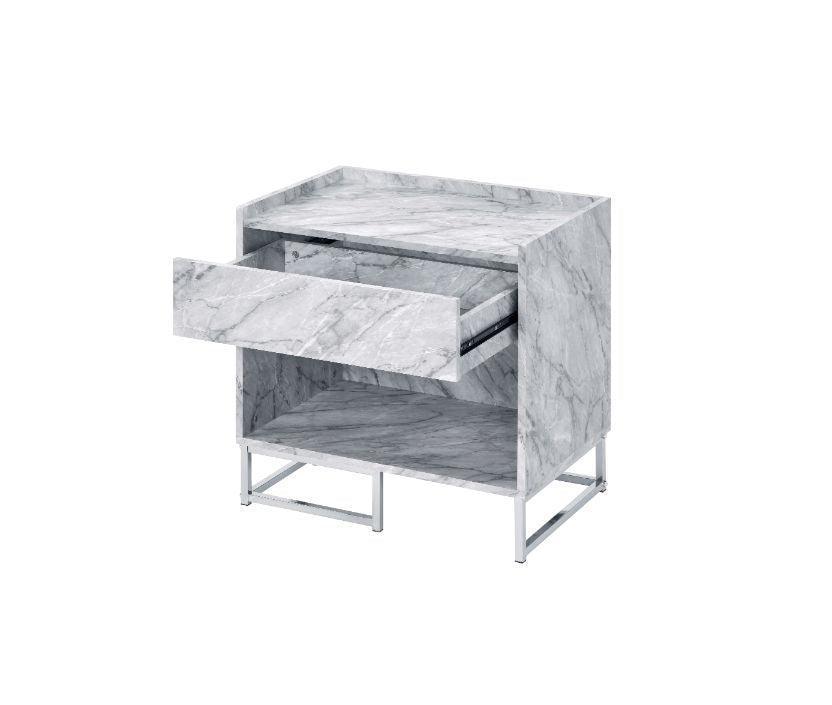 ACME Azrael Accent Table, White Printed Faux Marble & Chrome Finish FredCo