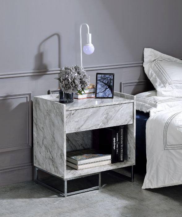 ACME Azrael Accent Table, White Printed Faux Marble & Chrome Finish FredCo