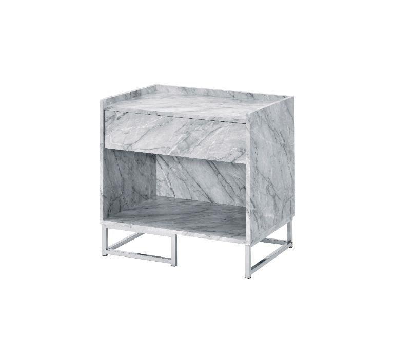 ACME Azrael Accent Table, White Printed Faux Marble & Chrome Finish FredCo