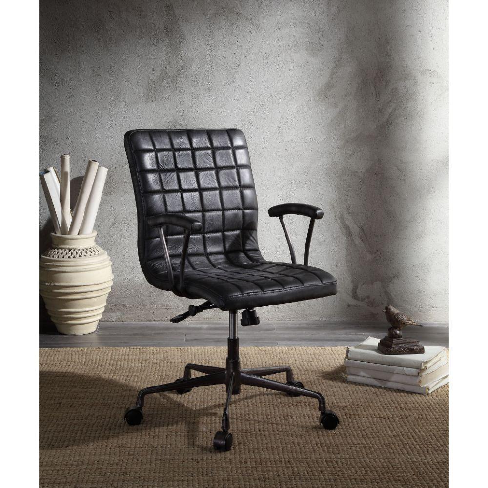 ACME Barack Executive Office Chair, Vintage Black Top Grain Leather & Aluminum FredCo