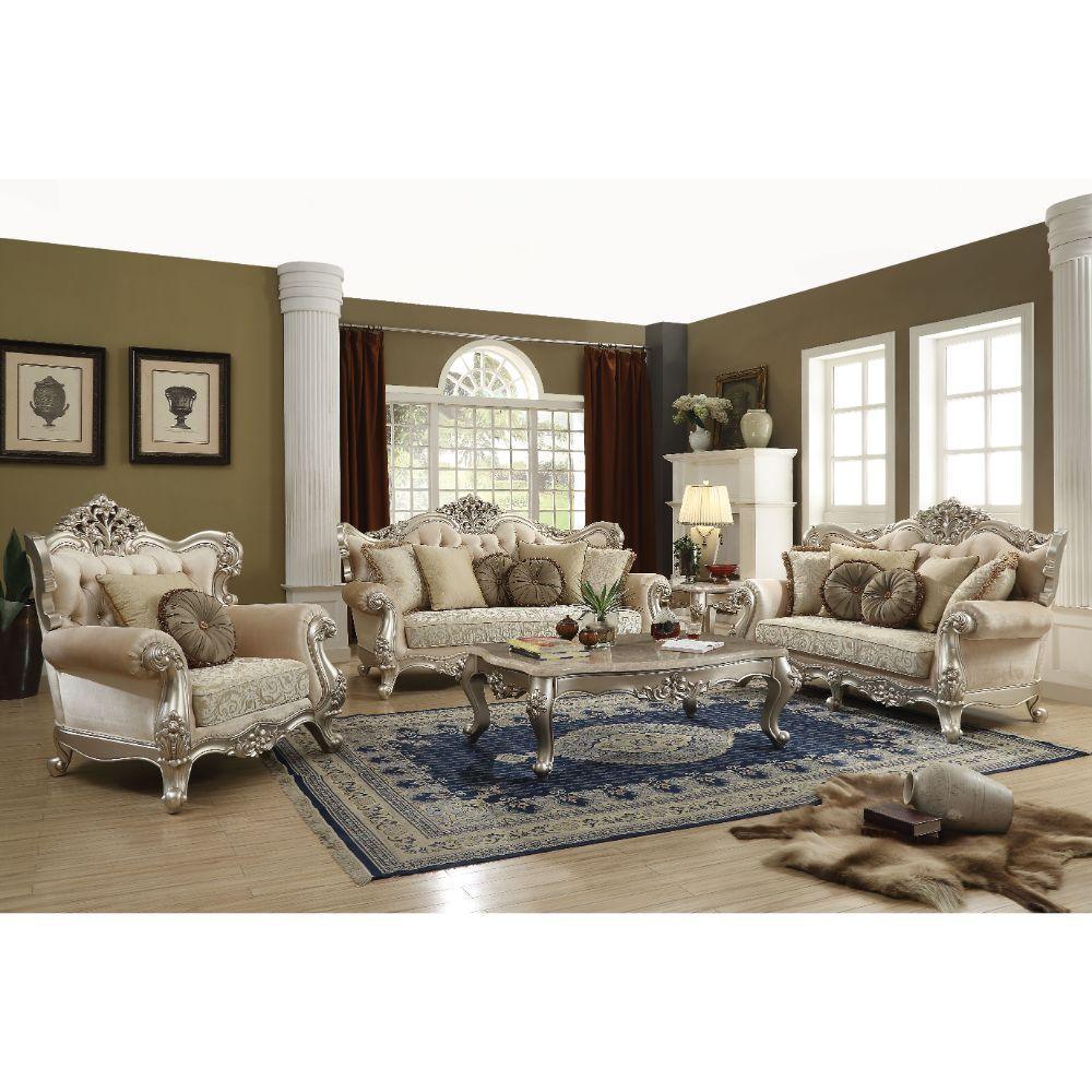 ACME Bently Sofa w/7 Pillows, Fabric & Champagne FredCo
