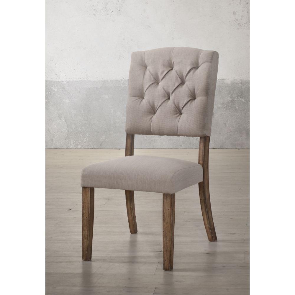 ACME Bernard Side Chair (Set-2), Cream Linen & Weathered Oak FredCo