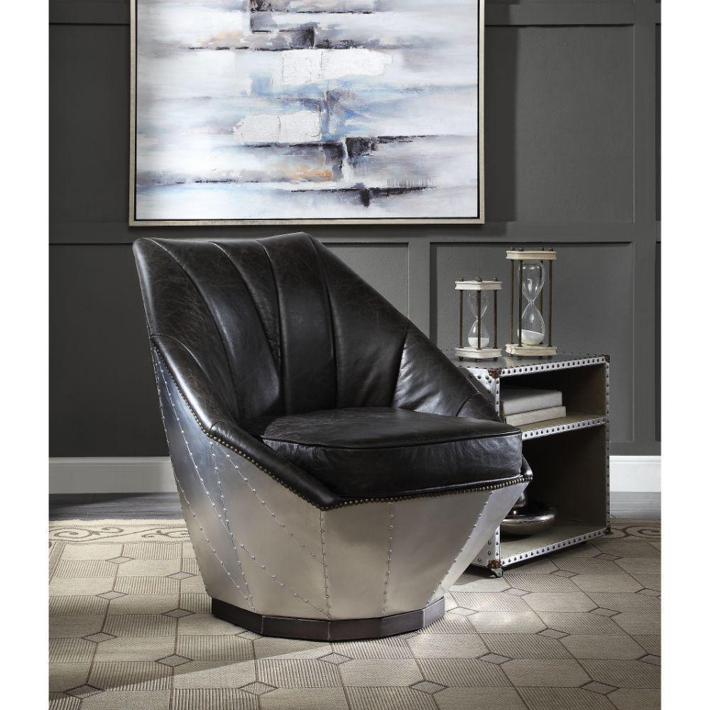 ACME Brancaster Accent Chair, Distress Espresso Top Grain Leather & Aluminum FredCo