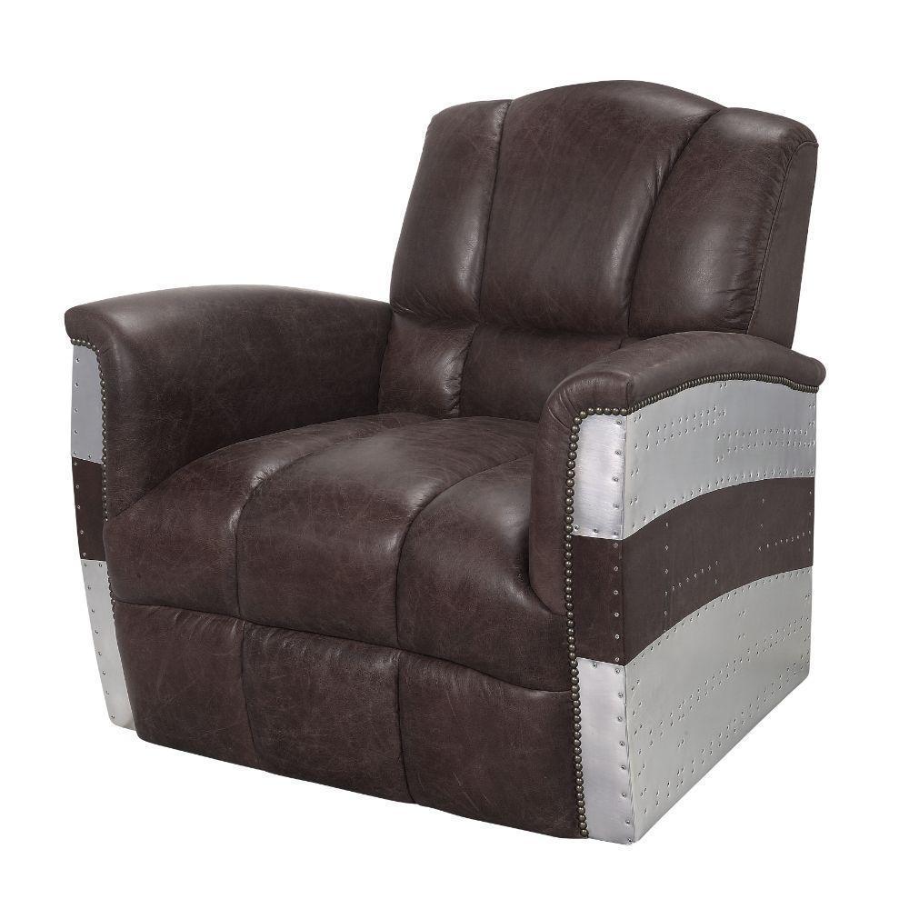 ACME Brancaster Accent Chair, Retro Brown Top Grain Leather & Aluminum FredCo