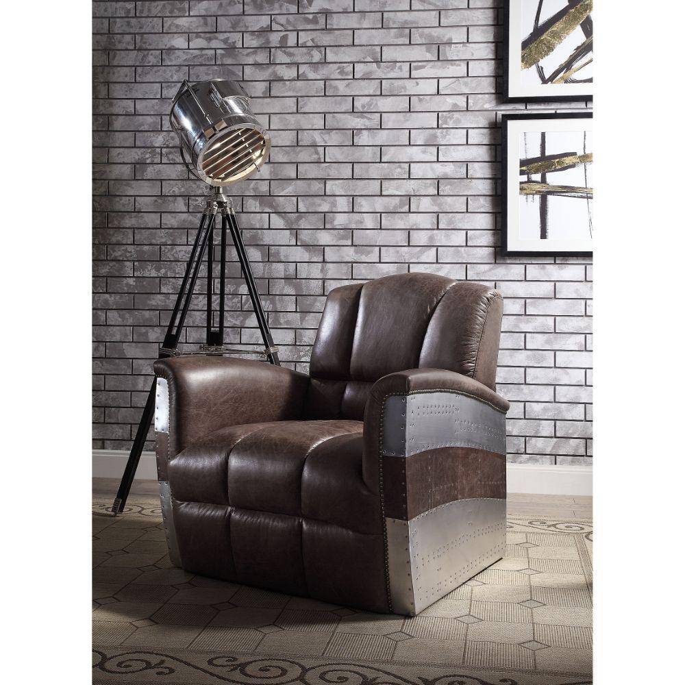 ACME Brancaster Accent Chair, Retro Brown Top Grain Leather & Aluminum FredCo