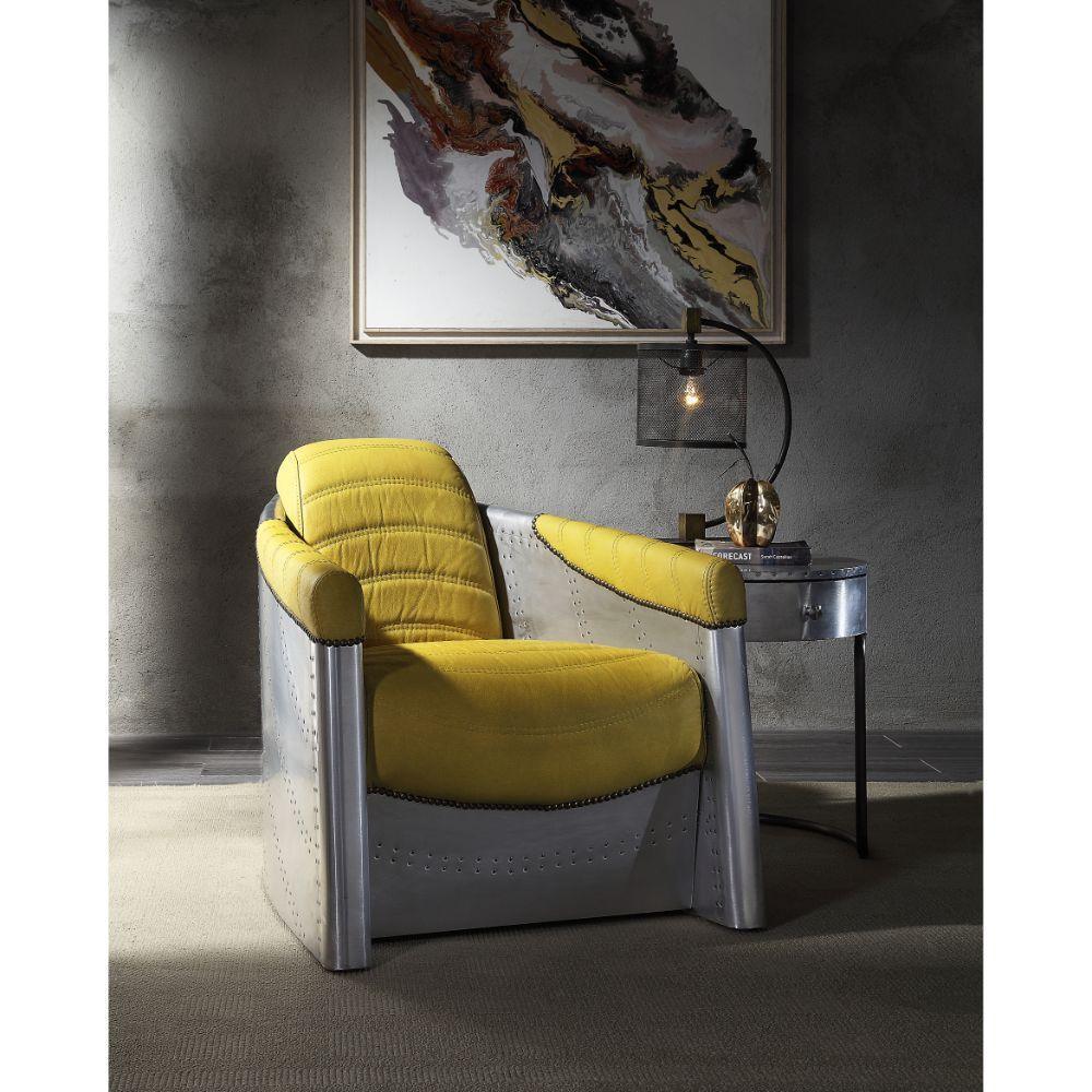 ACME Brancaster Accent Chair, Yellow Top Grain Leather & Aluminum FredCo