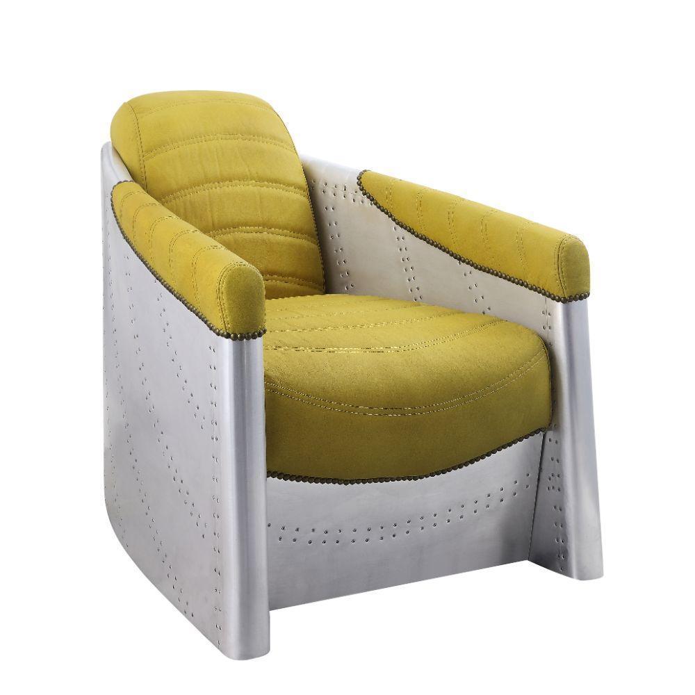 ACME Brancaster Accent Chair, Yellow Top Grain Leather & Aluminum FredCo