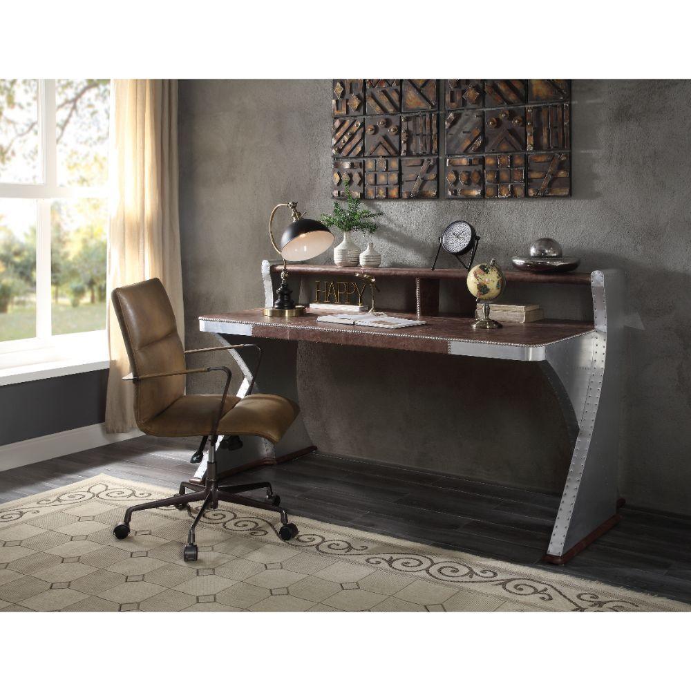 ACME Brancaster Desk, Retro Brown Top Grain Leather & Aluminum FredCo