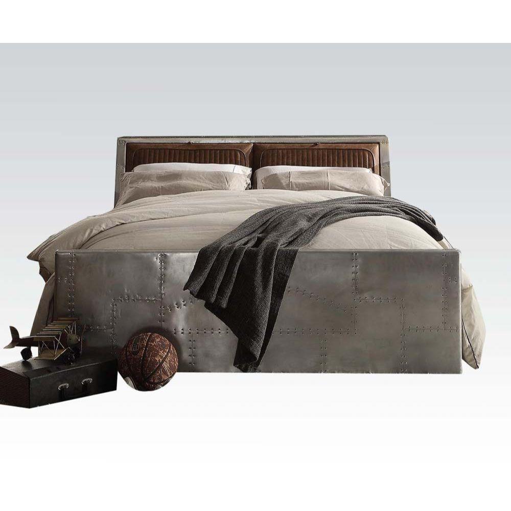 ACME Brancaster Queen Bed w/Storage, Retro Brown Top Grain Leather & Aluminum 26220Q FredCo