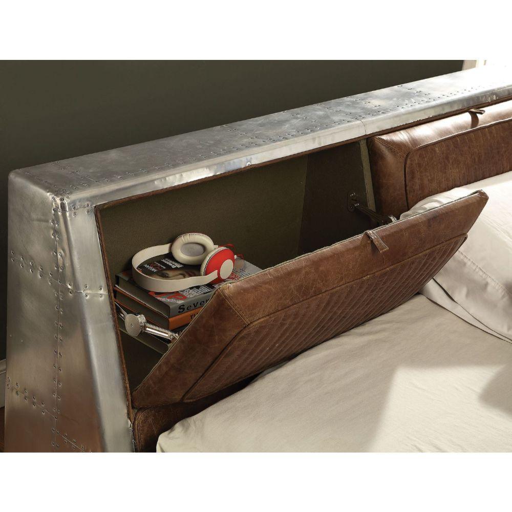 ACME Brancaster Queen Bed w/Storage, Retro Brown Top Grain Leather & Aluminum 26220Q FredCo