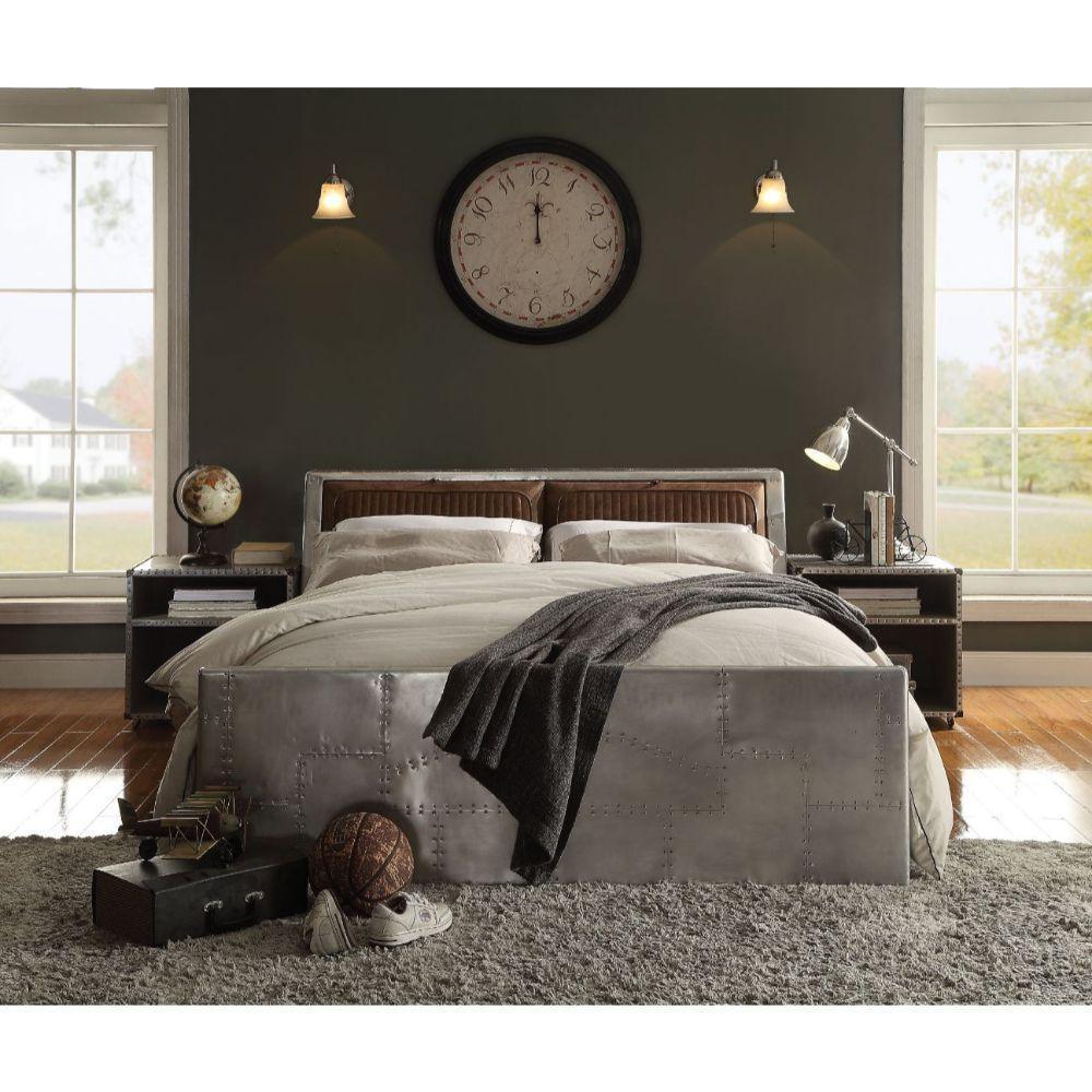 ACME Brancaster Queen Bed w/Storage, Retro Brown Top Grain Leather & Aluminum 26220Q FredCo