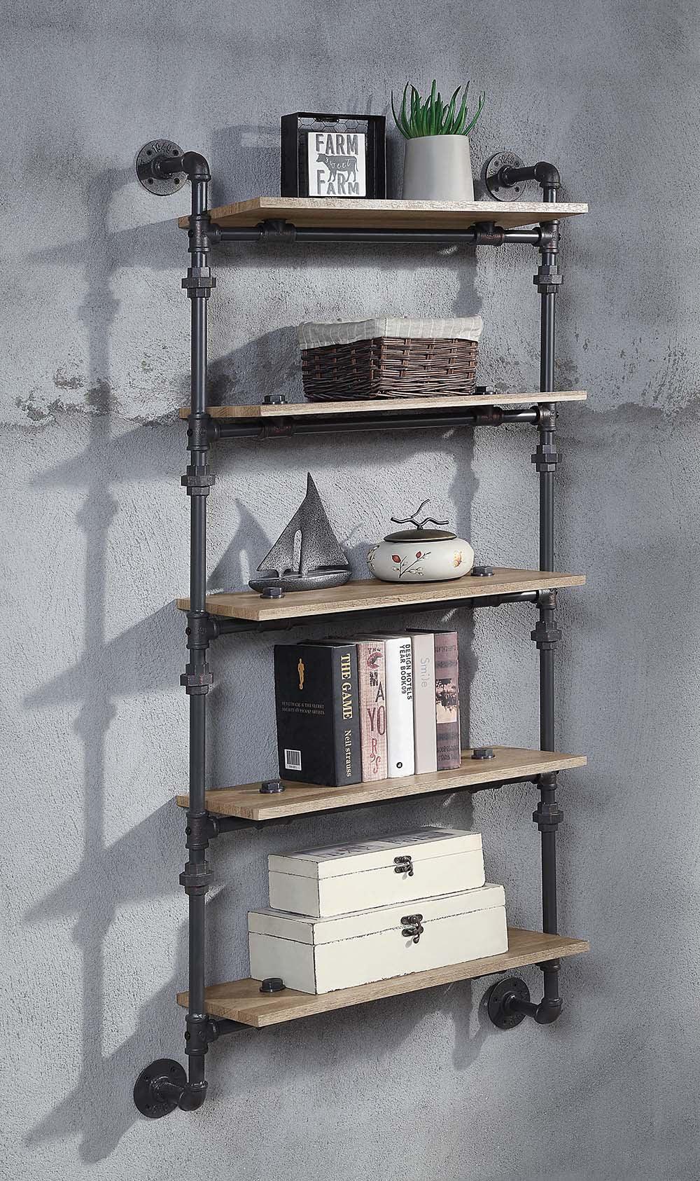 ACME Brantley Wall Rack w/5 Shelves, Oak & Sandy Black Finish FredCo