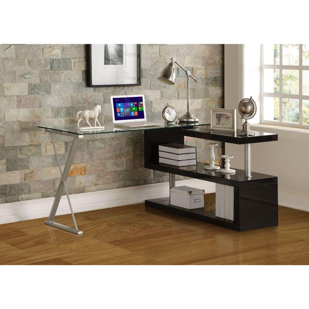 ACME Buck Desk w/Swivel, Black High Gloss & Clear Glass FredCo