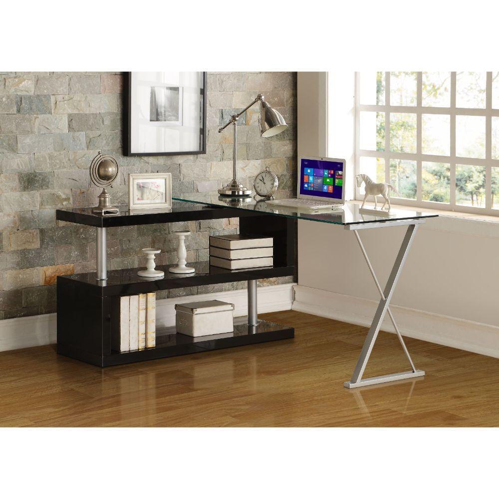 ACME Buck Desk w/Swivel, Black High Gloss & Clear Glass FredCo
