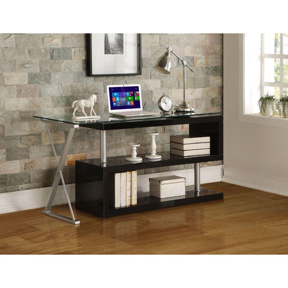ACME Buck Desk w/Swivel, Black High Gloss & Clear Glass FredCo