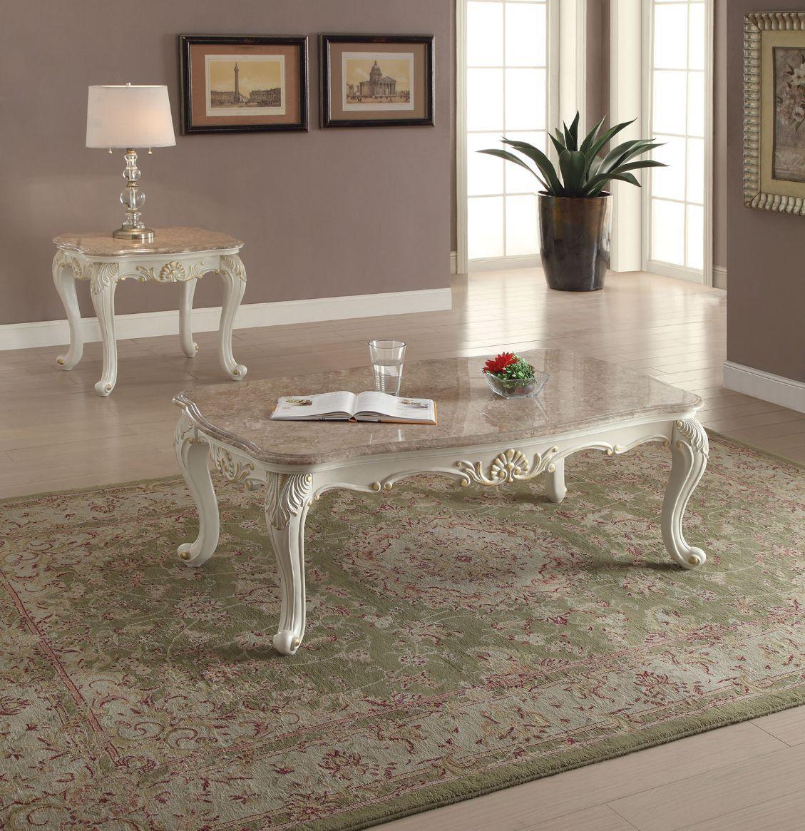ACME Chantelle Coffee Table w/Marble Top, Marble & Pearl White FredCo
