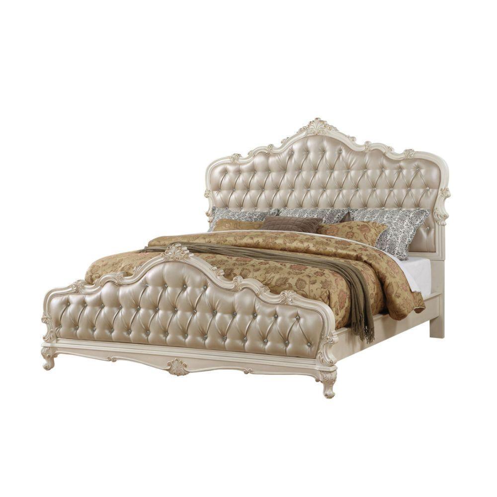 ACME Chantelle Queen Bed, Rose Gold PU & Pearl White 23540Q FredCo