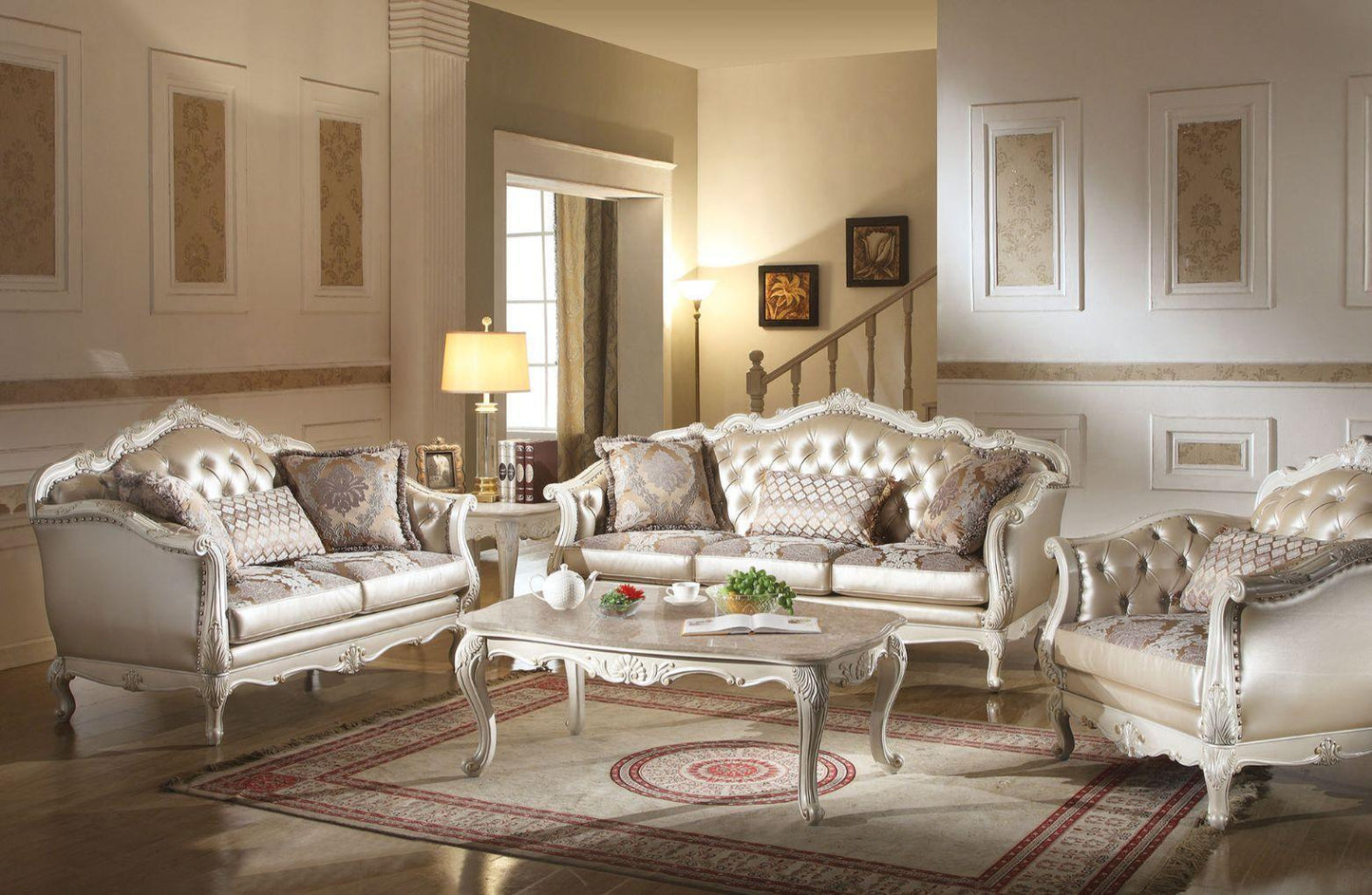 ACME Chantelle Sofa w/3 Pillows, Rose Gold PU/Fabric & Pearl White FredCo
