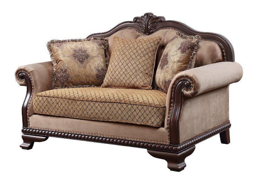 ACME Chateau De Ville Loveseat w/3 Pillows, Fabric & Espresso Finish FredCo