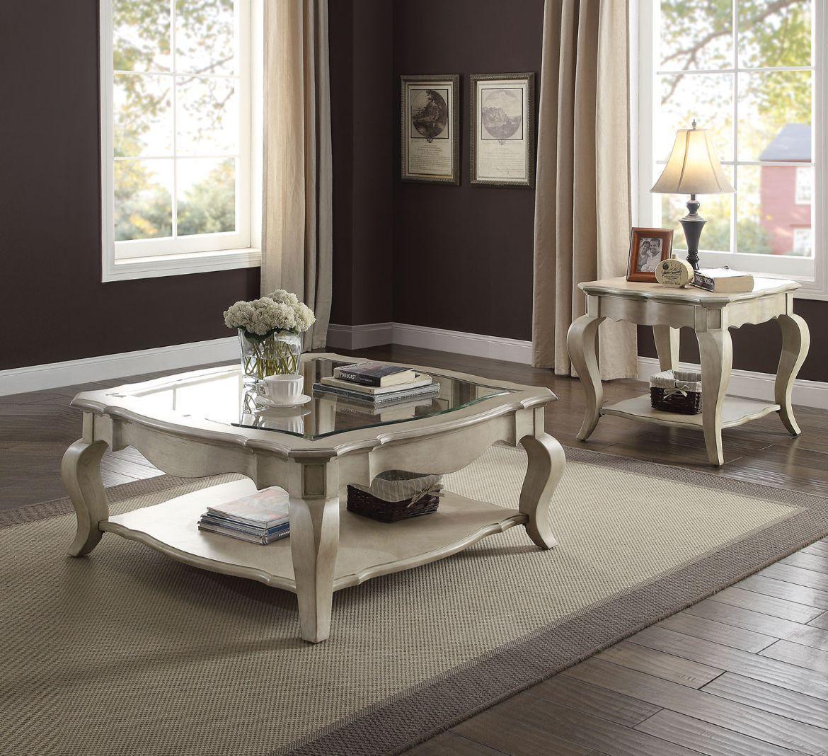 ACME Chelmsford Coffee Table, Antique Taupe & Clear Glass FredCo
