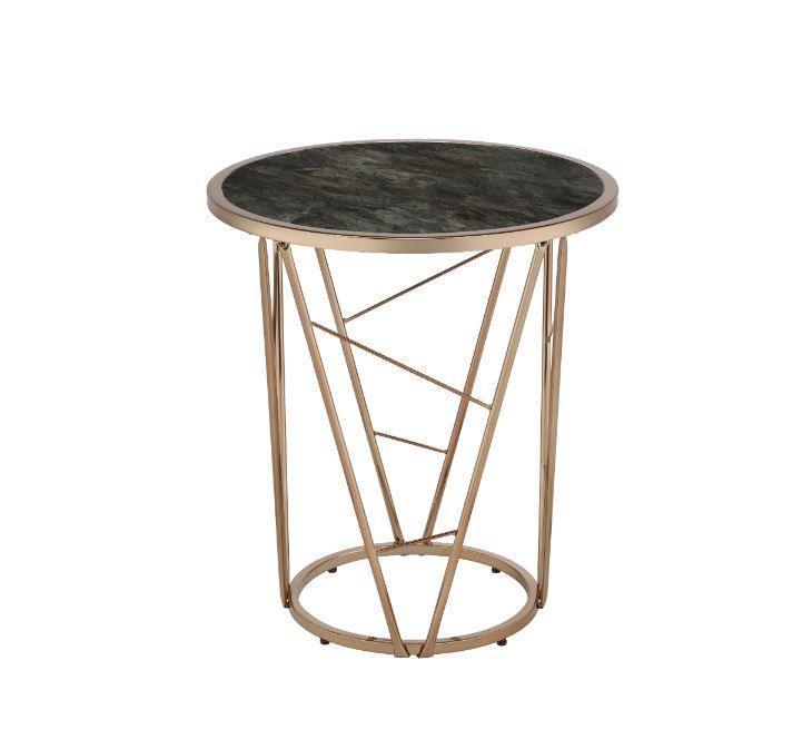 ACME Cicatrix End Table, Faux Black Marble Glass & Champagne Finish FredCo