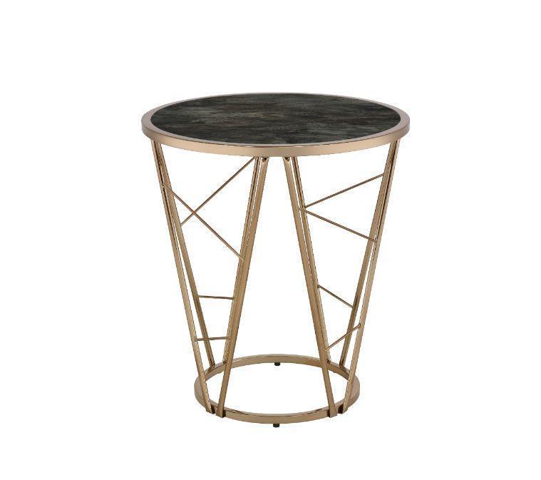 ACME Cicatrix End Table, Faux Black Marble Glass & Champagne Finish FredCo