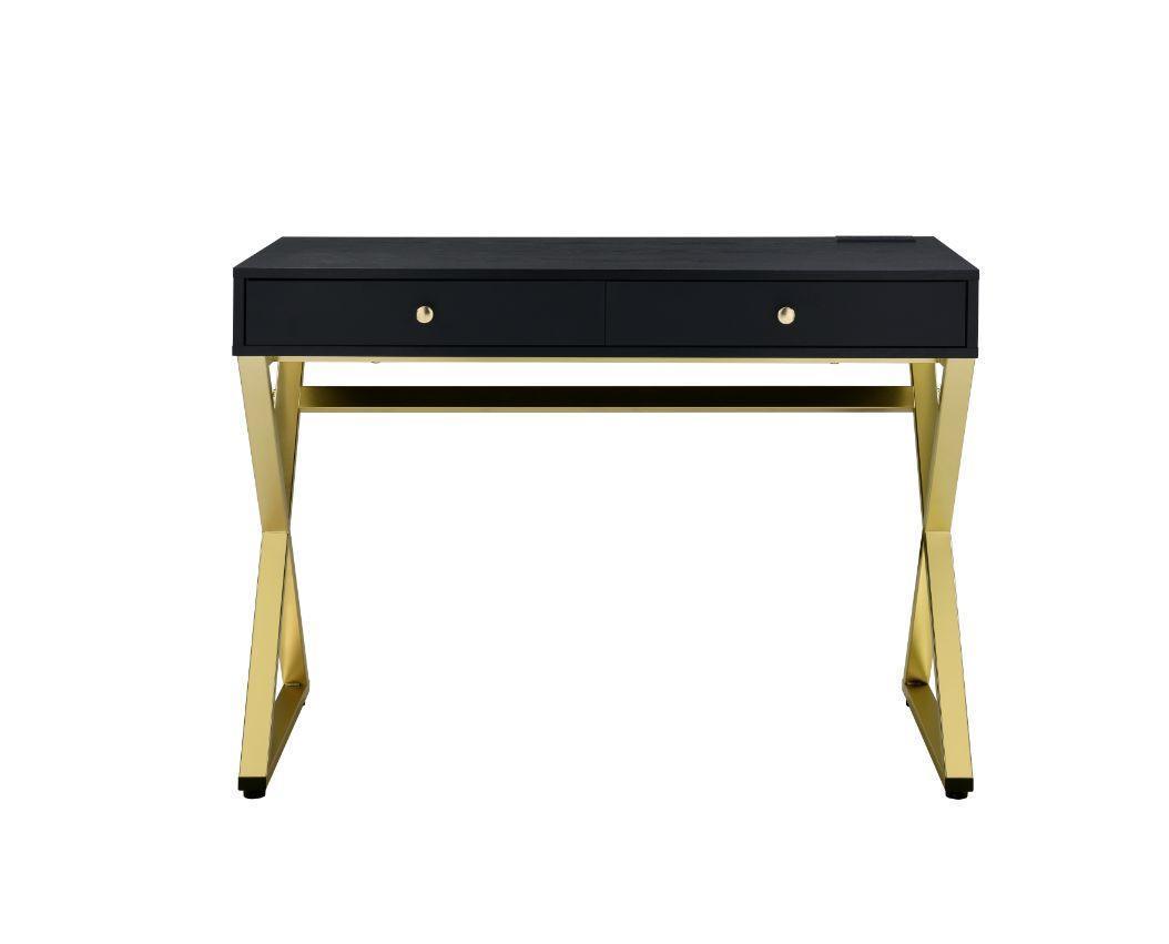 ACME Coleen Built-in USB Port Writing Desk, Black & Brass Finish FredCo