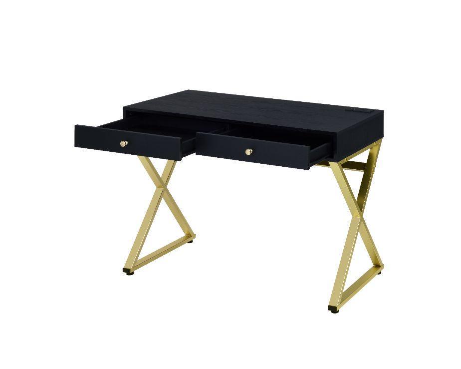 ACME Coleen Built-in USB Port Writing Desk, Black & Brass Finish FredCo