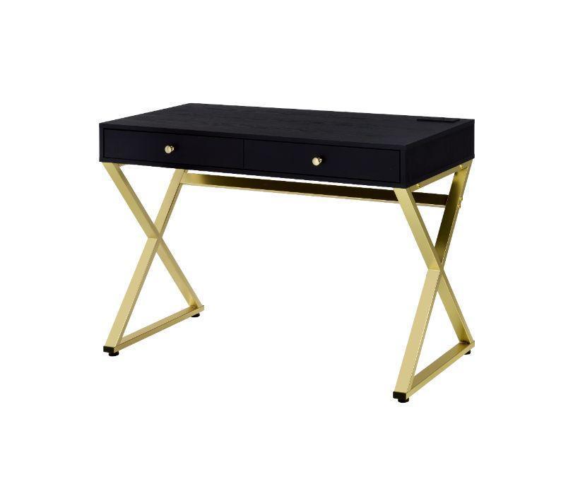 ACME Coleen Built-in USB Port Writing Desk, Black & Brass Finish FredCo