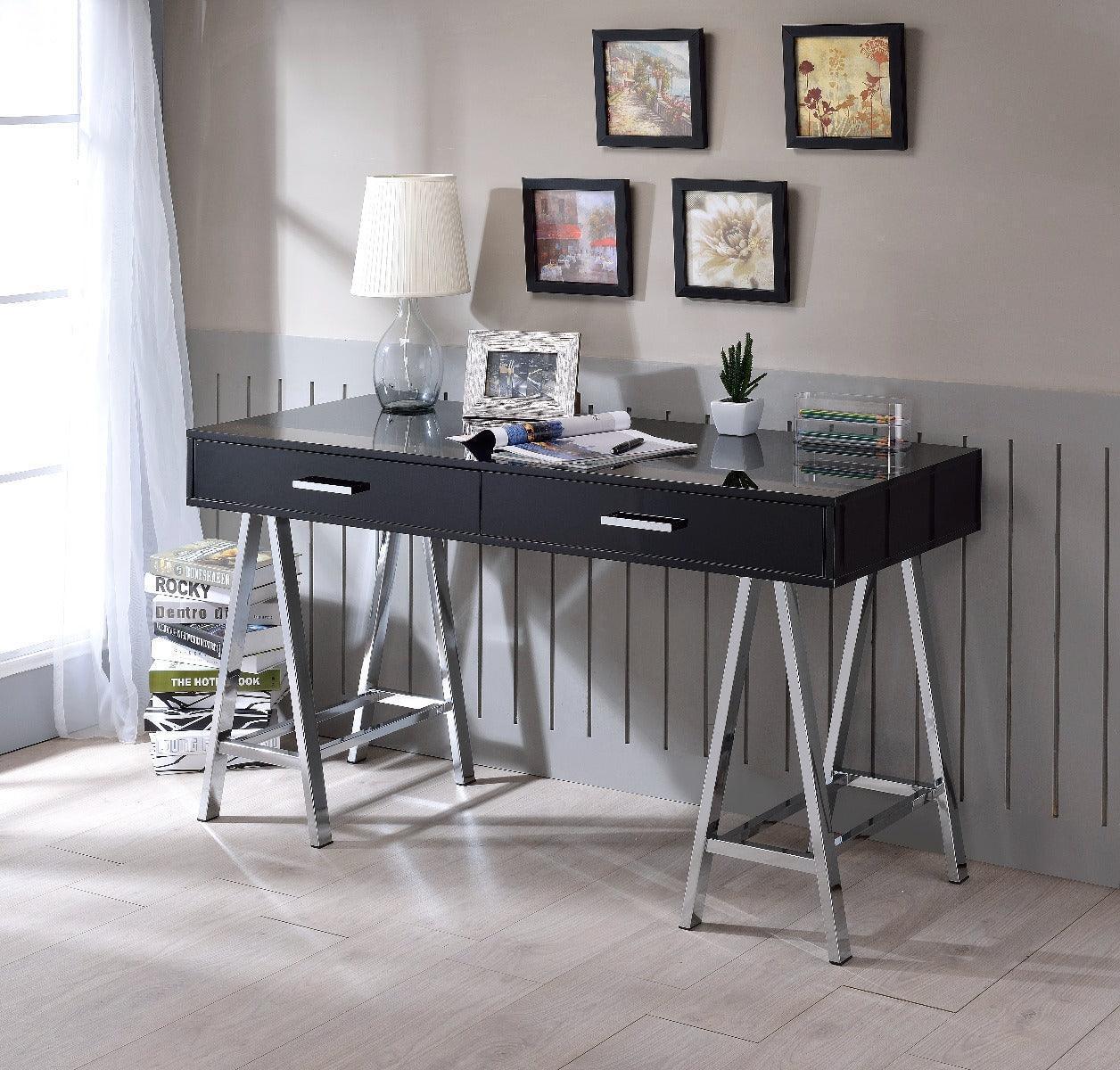 ACME Coleen Built-in USB Port Writing Desk, Black High Gloss & Chrome Finish FredCo