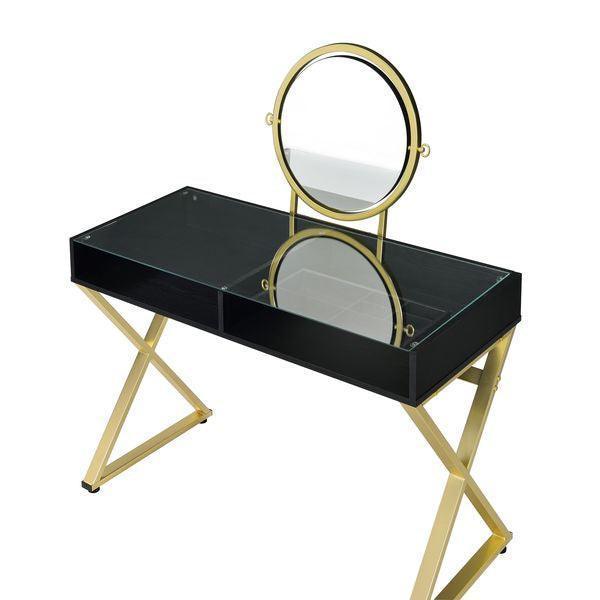 ACME Coleen Vanity Desk w/Mirror & Jewelry Tray, Black & Gold Finish FredCo