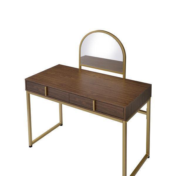 ACME Coleen Vanity Desk w/Mirror & Jewelry Tray, Walnut & Gold FredCo