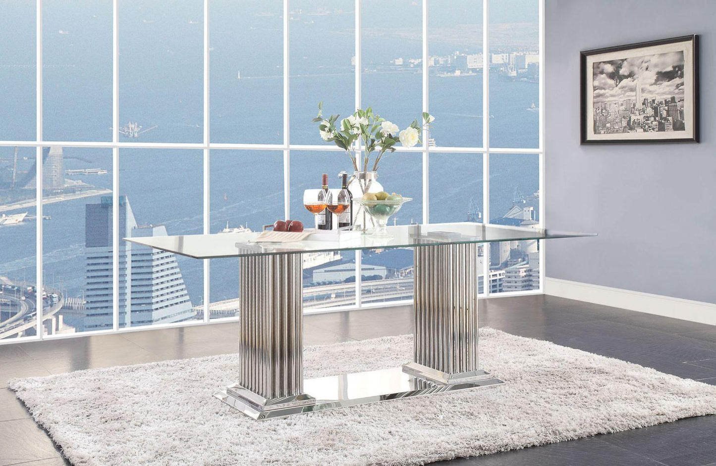 ACME Cyrene Dining Table w/Double Pedestal, Stainless Steel & Clear Glass 62075 FredCo