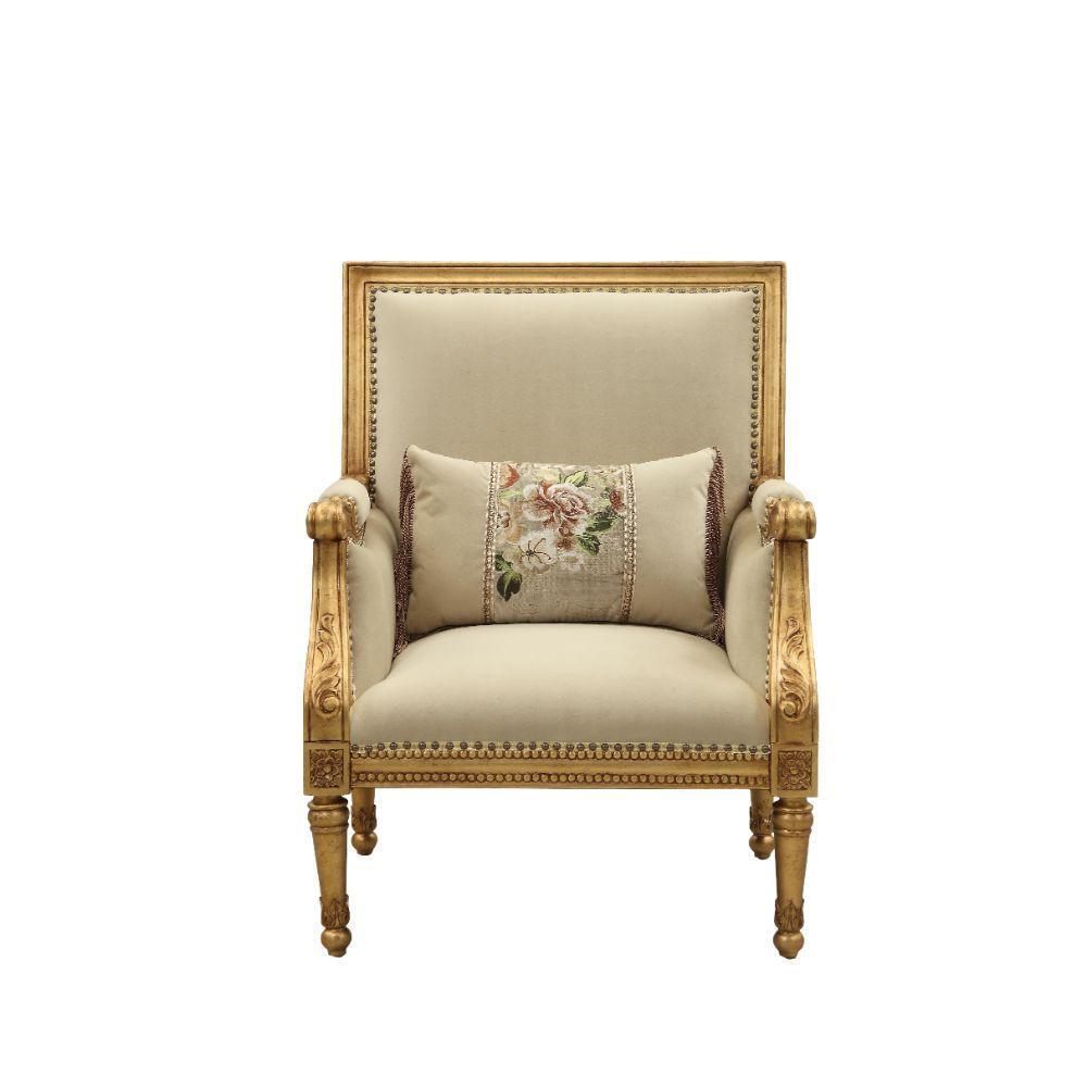 ACME Daesha Accent Chair & Pillow, Fabric & Antique Gold FredCo
