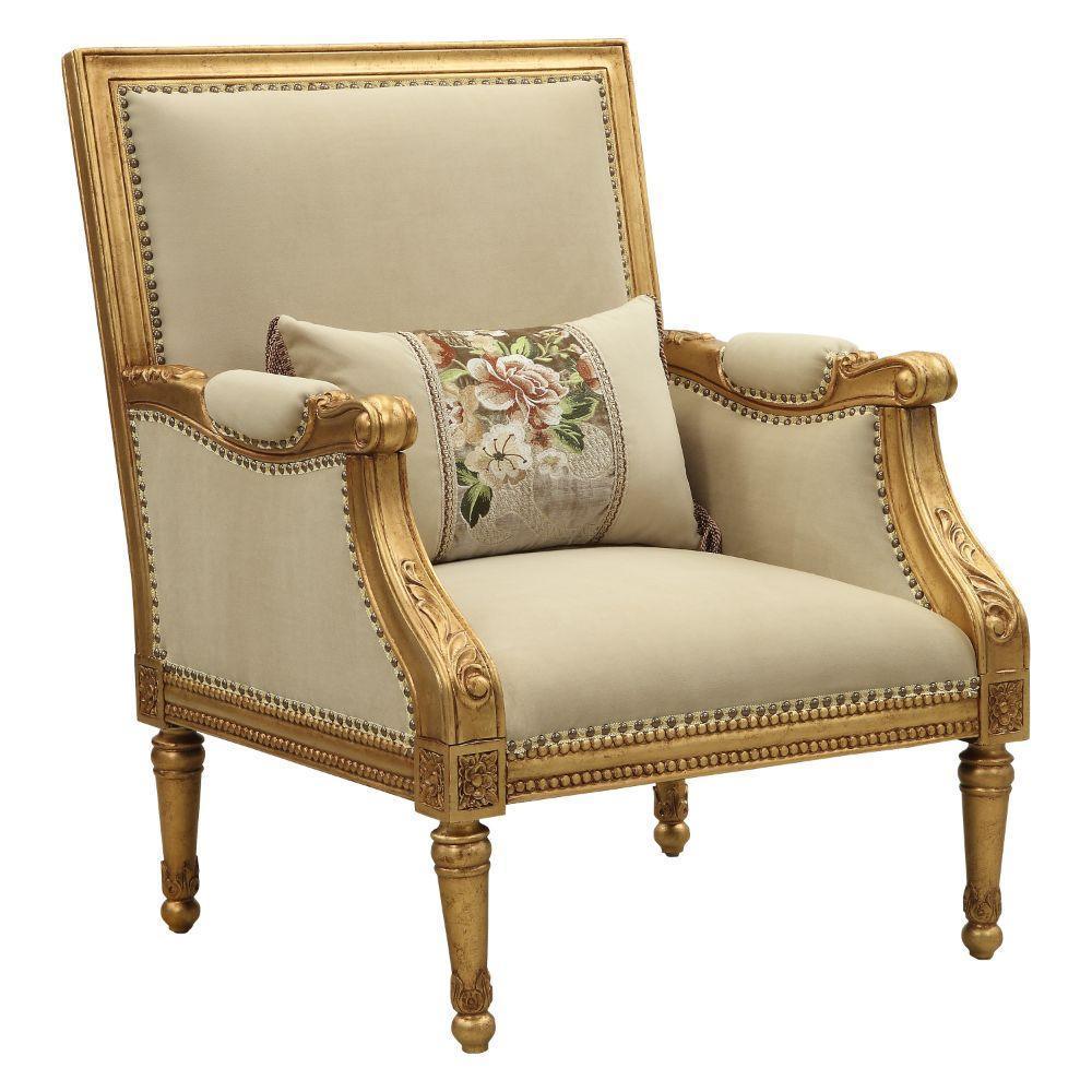 ACME Daesha Accent Chair & Pillow, Fabric & Antique Gold FredCo
