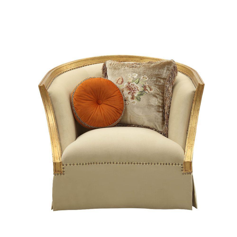 ACME Daesha Chair w/2 Pillows, Tan Flannel & Antique Gold FredCo