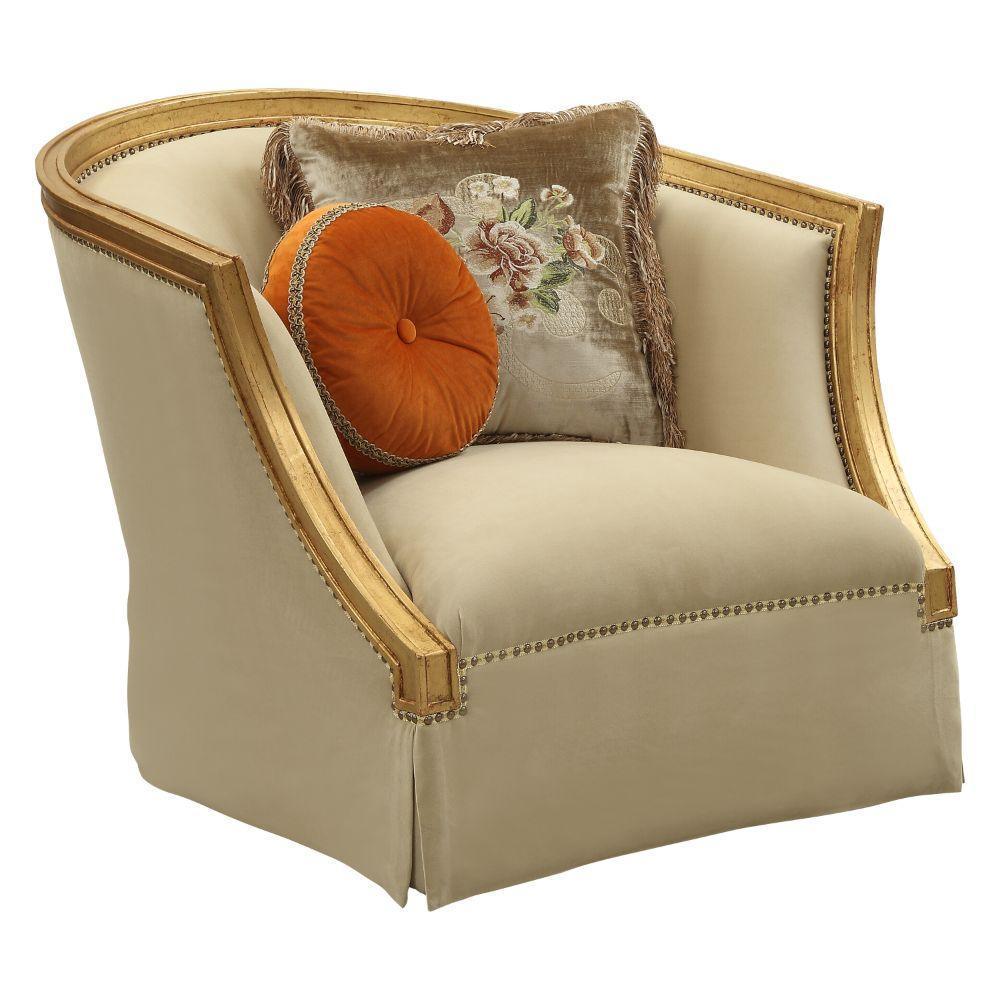 ACME Daesha Chair w/2 Pillows, Tan Flannel & Antique Gold FredCo